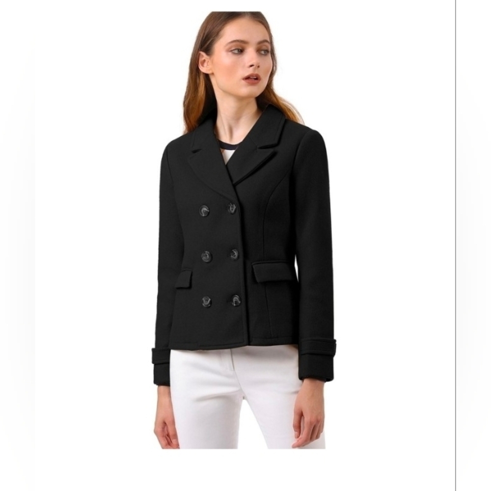 Allegra K Women's Notched Lapel Double Breasted Pea Coat